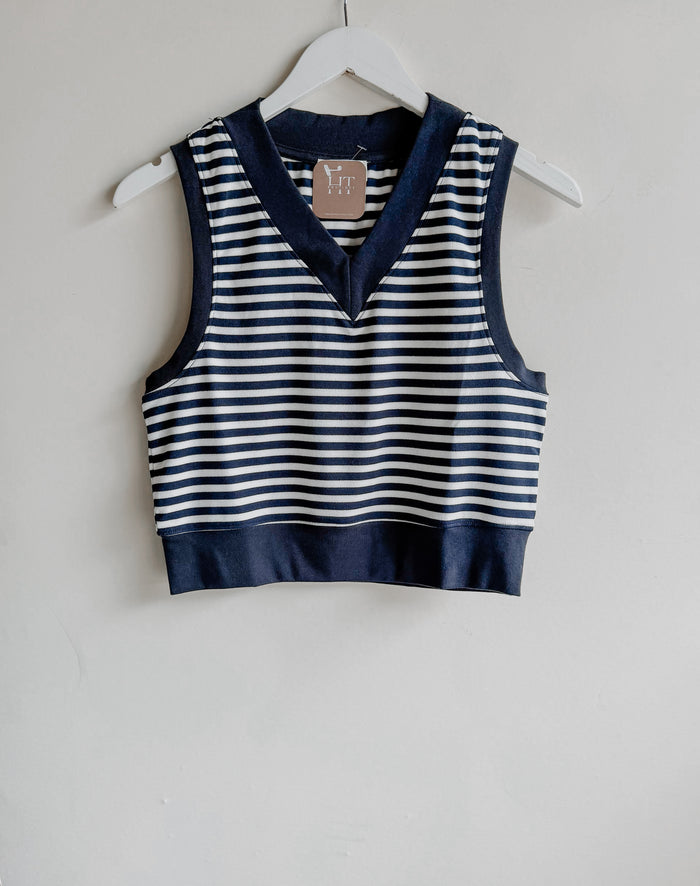 Sleeveless V-Neck Stripe Vest Top- Navy/White