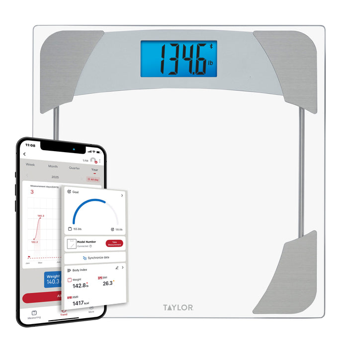 Smart weight tracking scale with Precision Hub App interfaces and weight charts