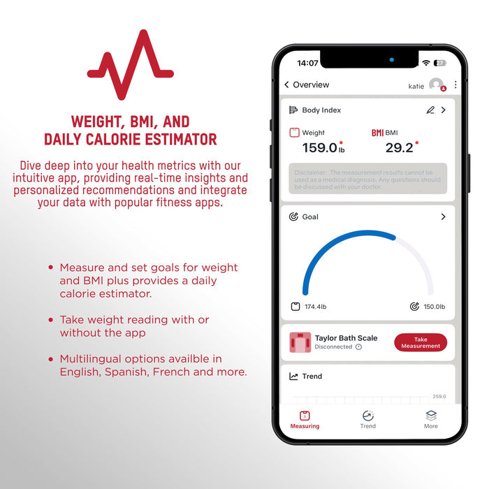 Marketing image showing weight BMI and daily calorie estimator features with a smartphone mockup.