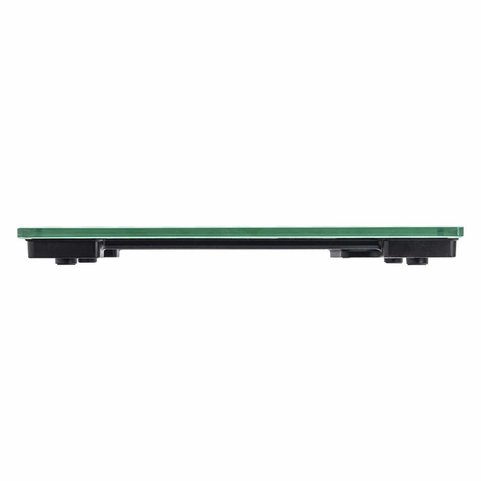 Side view of a glass top digital scale with a green edge and black base.