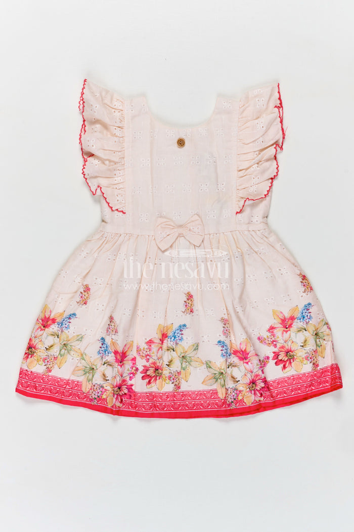 The Nesavu Baby Cotton Frocks Soft Cotton Summer Dress for Infant Girls in Cream Hakoba with Pink Floral Print and Bow Detail Nesavu 14 (6M) / Red BFJ807C-14 Nesavu Soft Cotton Summer Frock Infant Girls Cream Hakoba Pink Floral Print Bow