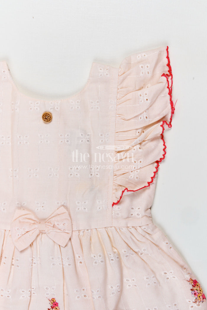 The Nesavu Baby Cotton Frocks Soft Cotton Summer Dress for Infant Girls in Cream Hakoba with Pink Floral Print and Bow Detail Nesavu Nesavu Soft Cotton Summer Frock Infant Girls Cream Hakoba Pink Floral Print Bow