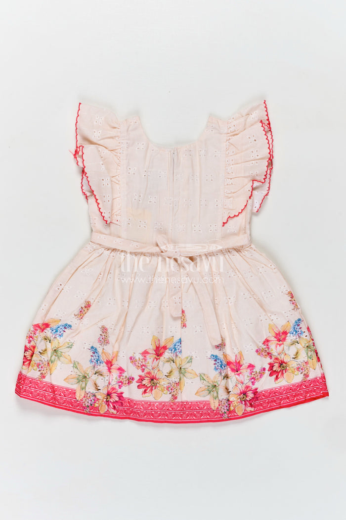 The Nesavu Baby Cotton Frocks Soft Cotton Summer Dress for Infant Girls in Cream Hakoba with Pink Floral Print and Bow Detail Nesavu Nesavu Soft Cotton Summer Frock Infant Girls Cream Hakoba Pink Floral Print Bow