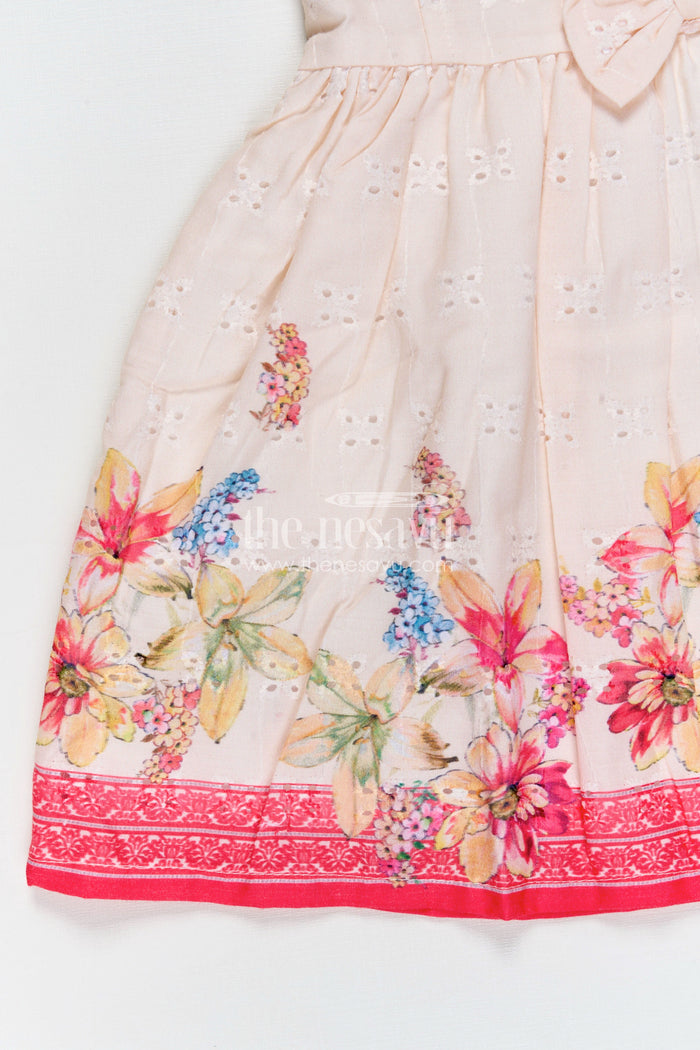 The Nesavu Baby Cotton Frocks Soft Cotton Summer Dress for Infant Girls in Cream Hakoba with Pink Floral Print and Bow Detail Nesavu Nesavu Soft Cotton Summer Frock Infant Girls Cream Hakoba Pink Floral Print Bow