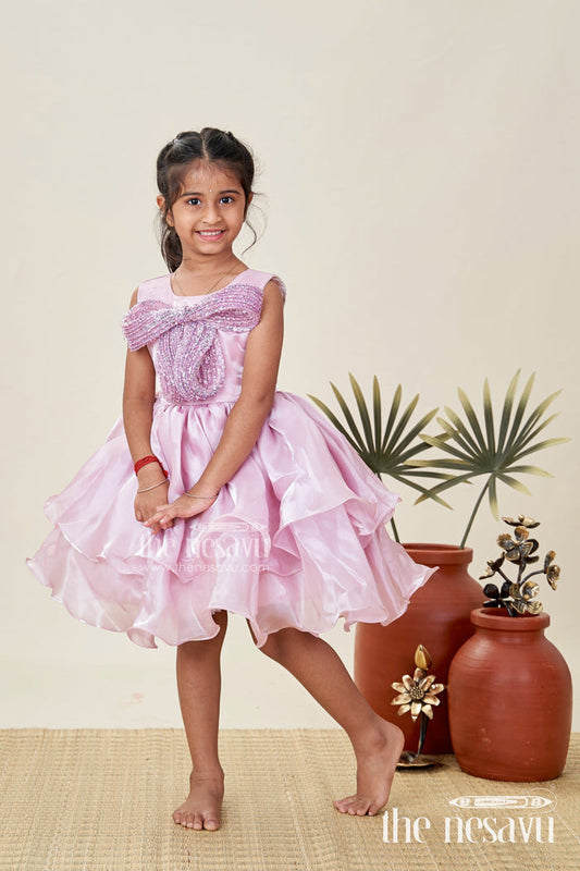 The Nesavu Girls Fancy Party Frock Special Occasion Baby Frock with Ruffles Perfect for Birthday Party Celebrations Nesavu Nesavu Pink Birthday Party Frock Girls Organza Ruffled Layers Sparkling Beaded Bow