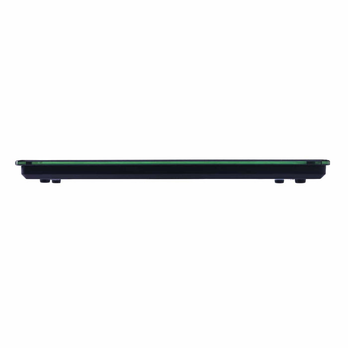 Side profile of brushed stainless digital kitchen scale showing a slim flat platform and dark base