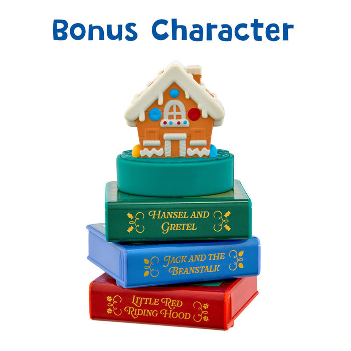 Stack of books with a gingerbread house on top, titled 'Hansel and Gretel', 'Jack and the Beanstalk', and 'Little Red Riding Hood'.
