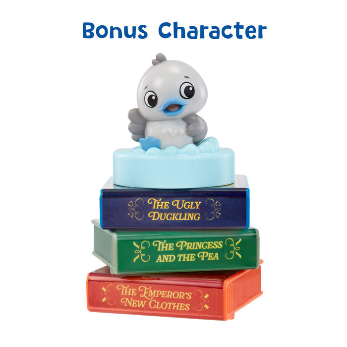 Toy character on books titled 'The Ugly Duckling', 'The Princess and the Pea', and 'The Emperor's New Clothes' with 'Bonus Character' text above.