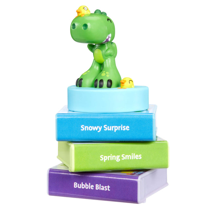 Dinosaur sitting on stack of stories