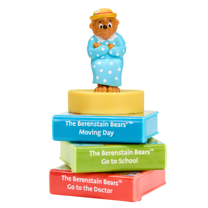 Stack of  Berenstain Bears stories with Mama bear figurine on top
