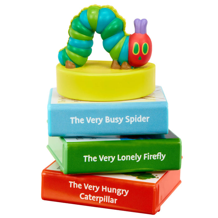 The Hungry Caterpillar character sitting on three stories on a white background
