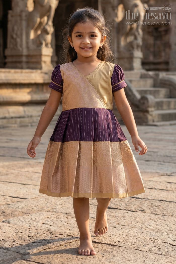 The Nesavu Girls Kanchi Silk Frock Stunning Magenta Silk Dress for Girls with Kanchipuram Inspired Fabric and Gold Zari Pleated Border Nesavu Magenta Silk Dress Girls Kanchipuram Inspired Fabric Gold Zari Pleated Border | The Nesavu