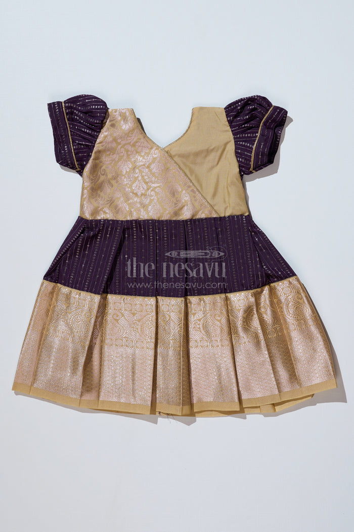 The Nesavu Girls Kanchi Silk Frock Stunning Magenta Silk Dress for Girls with Kanchipuram Inspired Fabric and Gold Zari Pleated Border Nesavu 14 (6M) / Magenta / Style 1 SF823EA-14 Nesavu Magenta Silk Dress Girls Kanchipuram Inspired Fabric Gold Zari Pleated Border