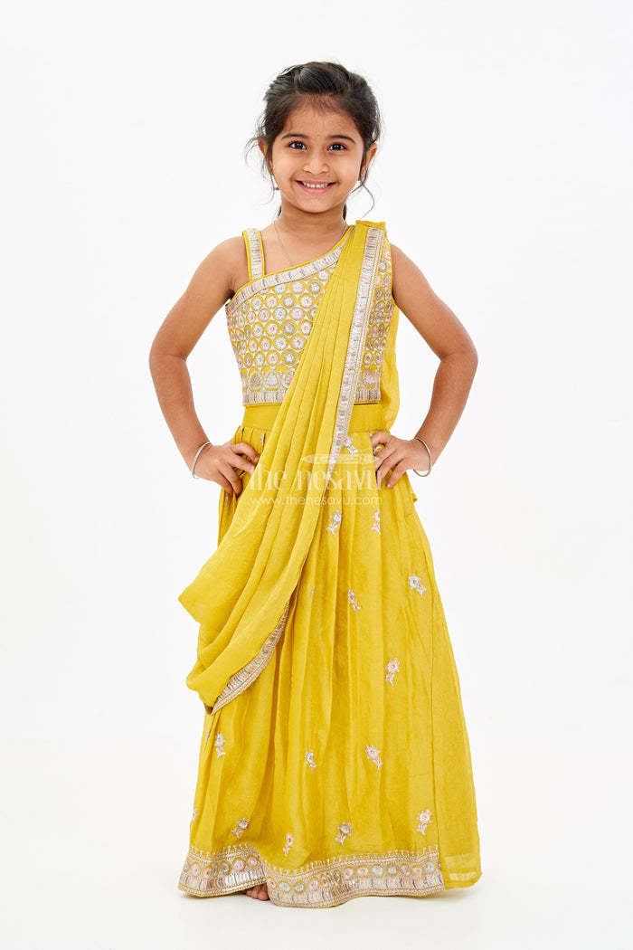 The Nesavu Girls Lehenga Choli Stunning One Shoulder Lehenga Choli for Girls with Embroidered Georgette and Dupatta Nesavu Stunning One Shoulder Lehenga Choli Girls Embroidered Georgette Dupatta | The Nesavu