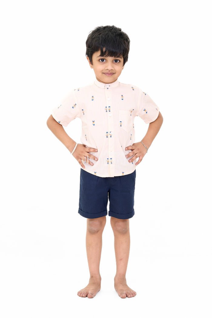 The Nesavu Boys Casual Set Stylish Boys Shirts Shorts Set with Printed Shirt and Cotton Navy Shorts Nesavu 14 (6M) / Half white BCS200B-14 Stylish Boys Shirts Shorts Set Printed Shirt Cotton Navy Shorts | The Nesavu