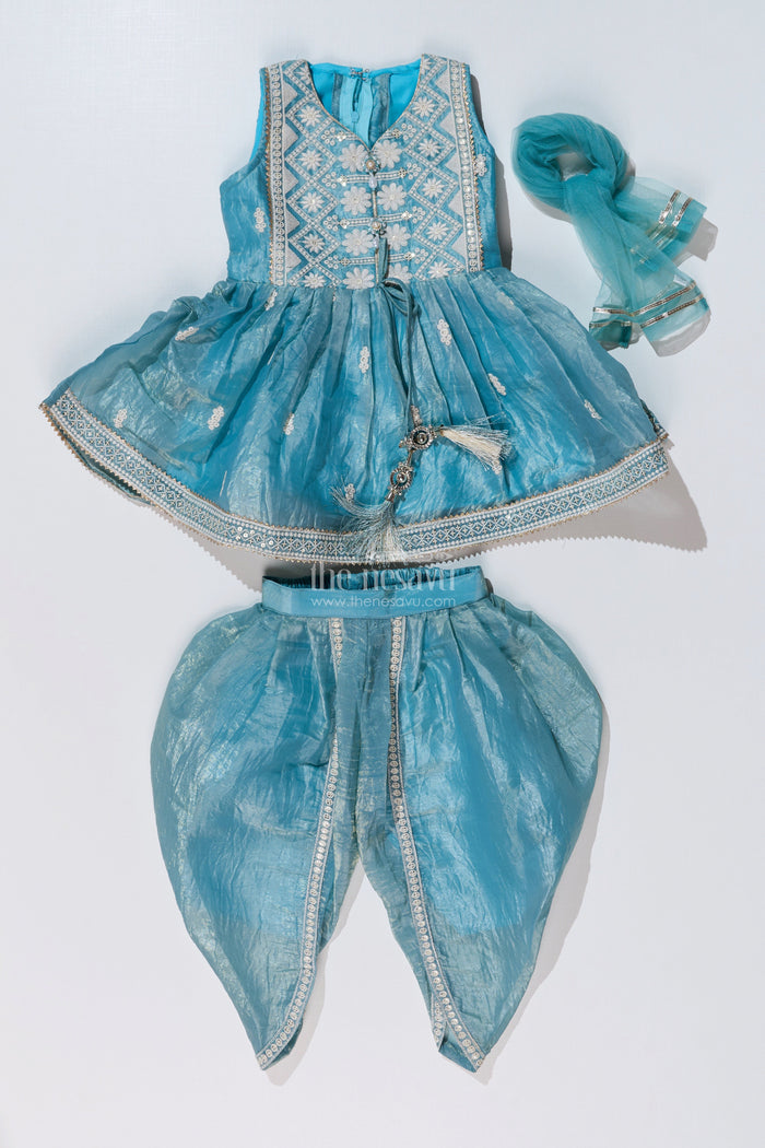 The Nesavu Girls Dothi Sets Stylish Dhoti Choli Dress for Girls with Glaze Shimmer Organza and Embroidered Details Nesavu Nesavu Stylish Dhoti Choli Dress Girls Glaze Shimmer Organza Embroidered Details