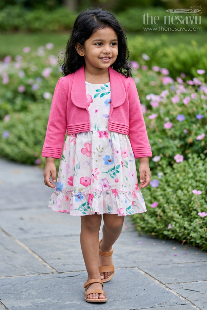 The Nesavu Girls Fancy Frock Stylish Frock with Overcoat for Girls in Flax Cotton with Digital Floral Print Nesavu 20 (3Y) / Pink GFC1623A-20 Stylish Frock Overcoat Girls Flax Cotton Digital Floral Print | The Nesavu