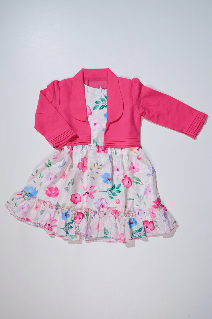 The Nesavu Girls Fancy Frock Stylish Frock with Overcoat for Girls in Flax Cotton with Digital Floral Print Nesavu 20 (3Y) / Pink GFC1623A-20 Nesavu Stylish Frock Overcoat Girls Flax Cotton Digital Floral Print