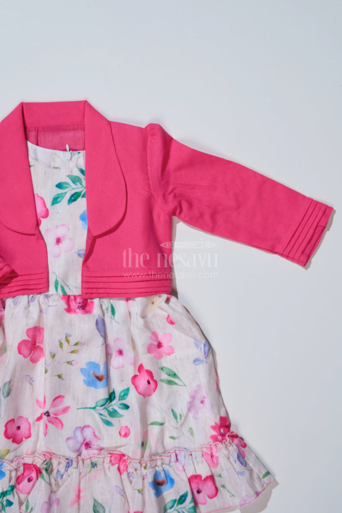 The Nesavu Girls Fancy Frock Stylish Frock with Overcoat for Girls in Flax Cotton with Digital Floral Print Nesavu Nesavu Stylish Frock Overcoat Girls Flax Cotton Digital Floral Print