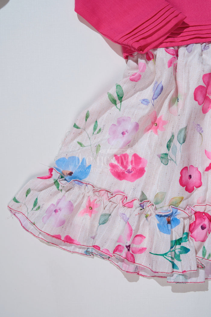 The Nesavu Girls Fancy Frock Stylish Frock with Overcoat for Girls in Flax Cotton with Digital Floral Print Nesavu Nesavu Stylish Frock Overcoat Girls Flax Cotton Digital Floral Print