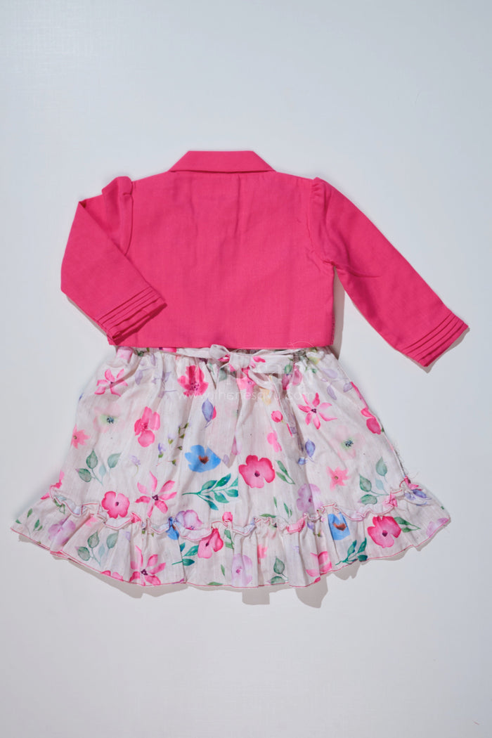 The Nesavu Girls Fancy Frock Stylish Frock with Overcoat for Girls in Flax Cotton with Digital Floral Print Nesavu Nesavu Stylish Frock Overcoat Girls Flax Cotton Digital Floral Print