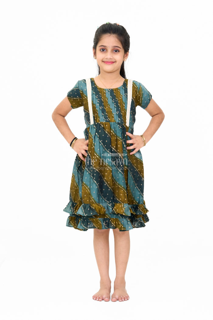 The Nesavu Girls Cotton Frock Stylish Green Cotton Aesthetic Frock for Girls with Layered Design and Gold Accents Nesavu 16 (1Y) / Green GFC1596A-16 Nesavu Stylish Green Cotton Aesthetic Frock Girls Layered Design Gold Accents