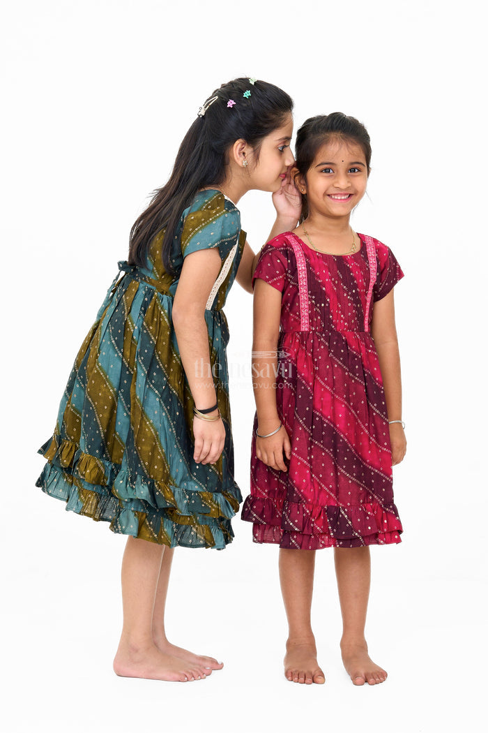 The Nesavu Girls Cotton Frock Stylish Green Cotton Aesthetic Frock for Girls with Layered Design and Gold Accents Nesavu Nesavu Stylish Green Cotton Aesthetic Frock Girls Layered Design Gold Accents