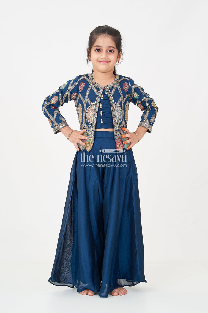 The Nesavu Girls Sharara / Plazo Set Stylish Party Wear for Girls in Blue Georgette Palazzo Set with Heavily Embroidered Jacket and Crop Top Nesavu Nesavu Stylish Party Wear for Girls in Blue Georgette Palazzo Set with Embroidered Long Jacket and Top