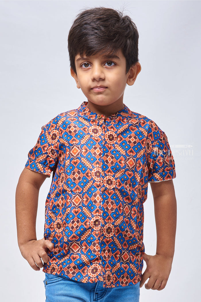 The Nesavu Boys Silk Shirt Stylish Royal Blue Silk Shirt for Boys with Ajrakh Print Nesavu 14 (6M) / Blue / Silk Blend BS084A-14 Ajrakh Printed Silk Shirt for Boys | Shirts for a Fashionable Edge | The Nesavu