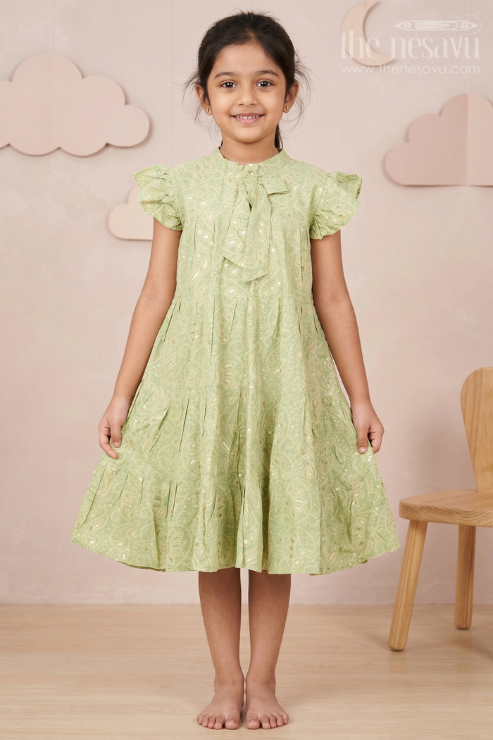 The Nesavu Girls Cotton Frock Summer Frock for Baby Girl in Rayon with Green Bandhani Print and Gold Foil Accents Nesavu 18 (2Y) / Green GFC1698A-18 Summer Frock Baby Girl Green Bandhani Printed Rayon Foil Detailing | The Nesavu