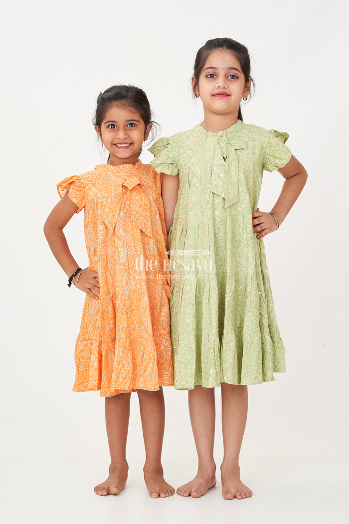 The Nesavu Girls Cotton Frock Summer Frock for Baby Girl in Rayon with Green Bandhani Print and Gold Foil Accents Nesavu Nesavu Summer Frock Baby Girl Green Bandhani Printed Rayon Foil Detailing