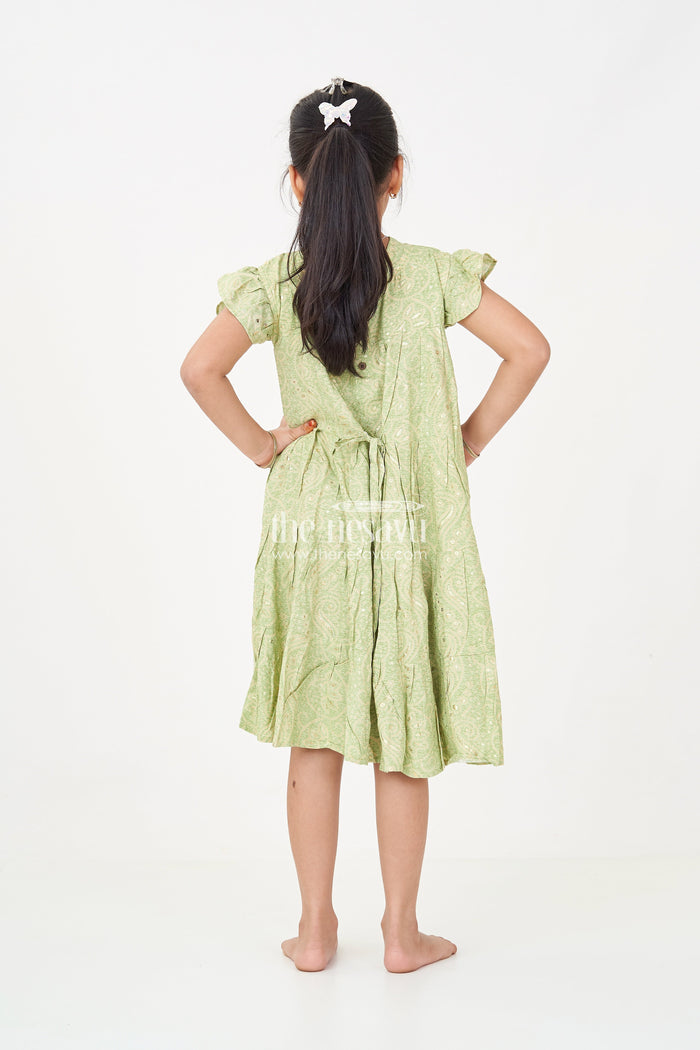 The Nesavu Girls Cotton Frock Summer Frock for Baby Girl in Rayon with Green Bandhani Print and Gold Foil Accents Nesavu Nesavu Summer Frock Baby Girl Green Bandhani Printed Rayon Foil Detailing