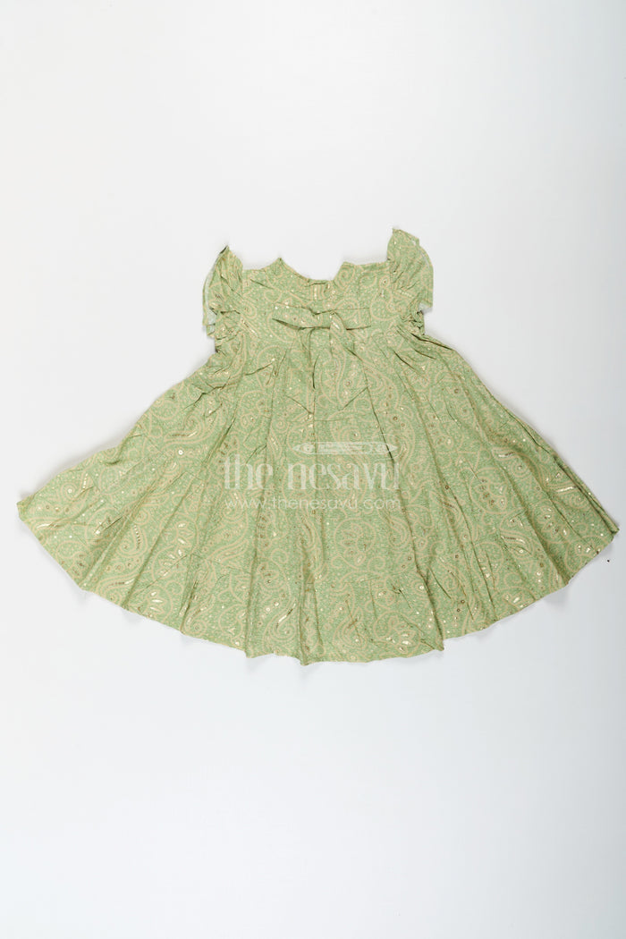 The Nesavu Girls Cotton Frock Summer Frock for Baby Girl in Rayon with Green Bandhani Print and Gold Foil Accents Nesavu Nesavu Summer Frock Baby Girl Green Bandhani Printed Rayon Foil Detailing