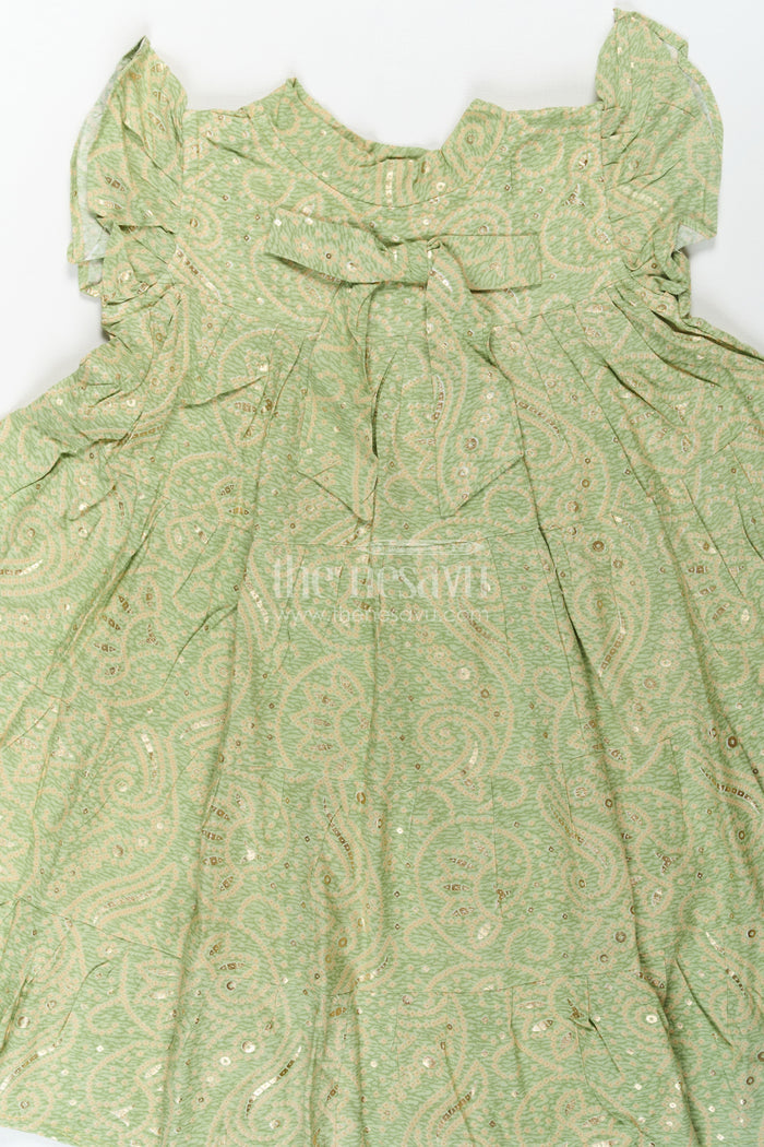 The Nesavu Girls Cotton Frock Summer Frock for Baby Girl in Rayon with Green Bandhani Print and Gold Foil Accents Nesavu Nesavu Summer Frock Baby Girl Green Bandhani Printed Rayon Foil Detailing