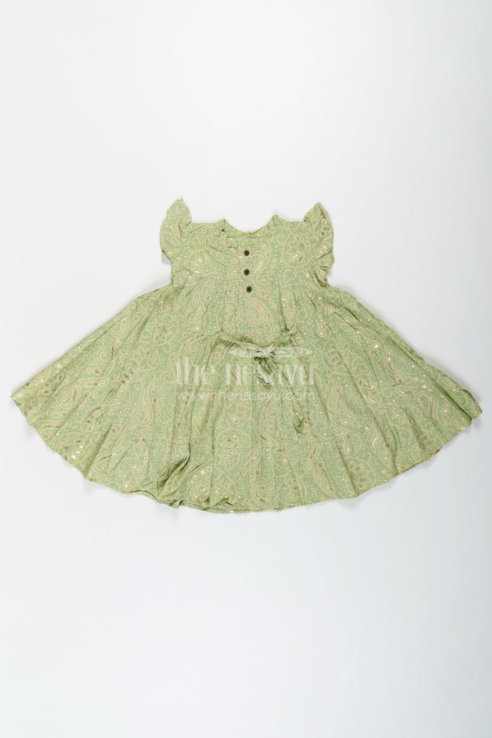 The Nesavu Girls Cotton Frock Summer Frock for Baby Girl in Rayon with Green Bandhani Print and Gold Foil Accents Nesavu Nesavu Summer Frock Baby Girl Green Bandhani Printed Rayon Foil Detailing