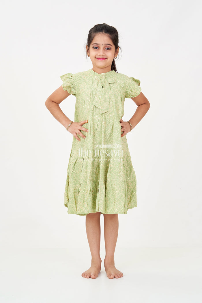 The Nesavu Girls Cotton Frock Summer Frock for Baby Girl in Rayon with Green Bandhani Print and Gold Foil Accents Nesavu 18 (2Y) / Green GFC1698A-18 Summer Frock Baby Girl Green Bandhani Printed Rayon Foil Detailing | The Nesavu