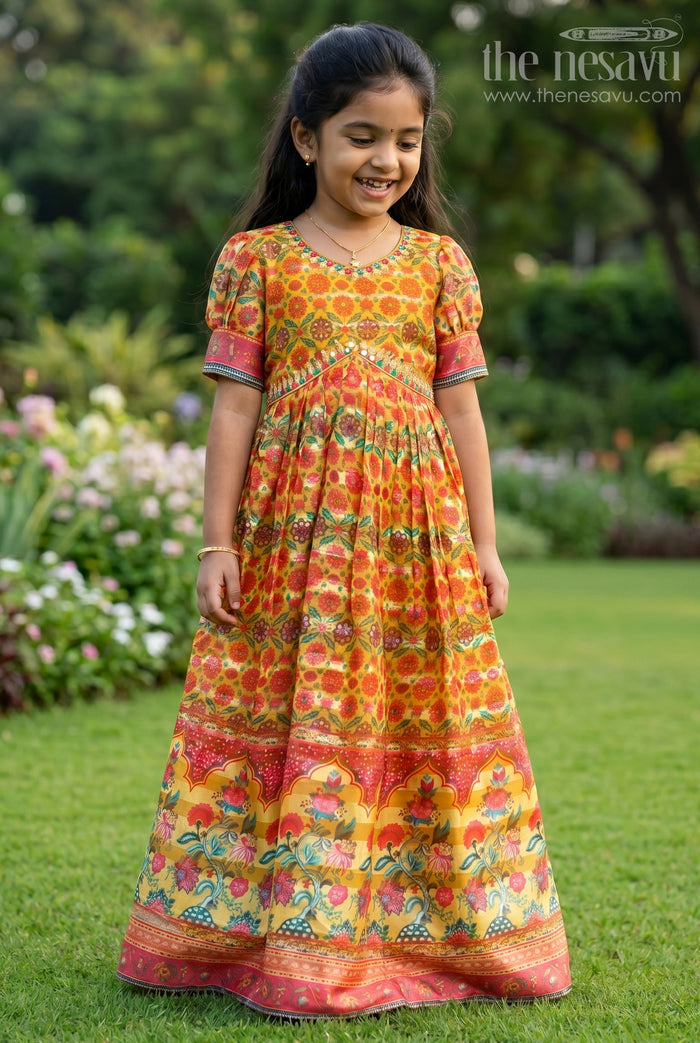 The Nesavu Girls Party Gown Sunkissed Meadow Aliacut Anarkali Gown for Girls Nesavu 24 (5Y) / Yellow / Georgette GA211A-24 Girls Floral Aliacut Anarkali Gown | The Nesavu