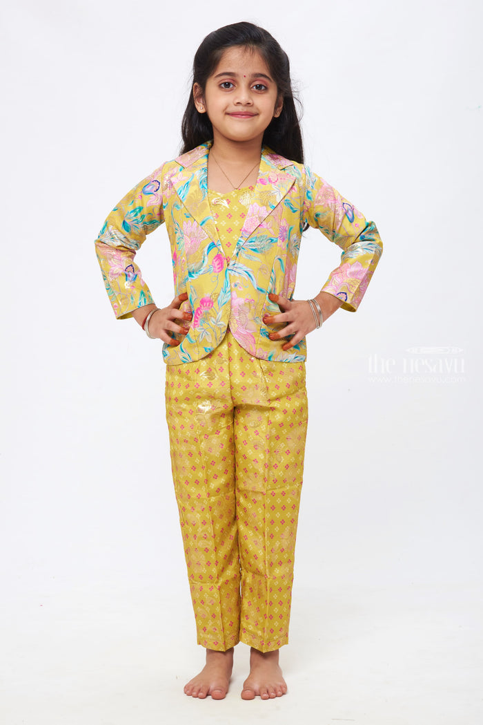 The Nesavu Girls Sharara / Plazo Set Sunlit Days: Girls Pastel Floral Crop Top with Yellow Patterned Pant and Blazer Set Nesavu Girls Floral Crop Top, Patterned Pant, and Blazer Set | Elegant Pastels Meet Youthful Charm | The Nesavu