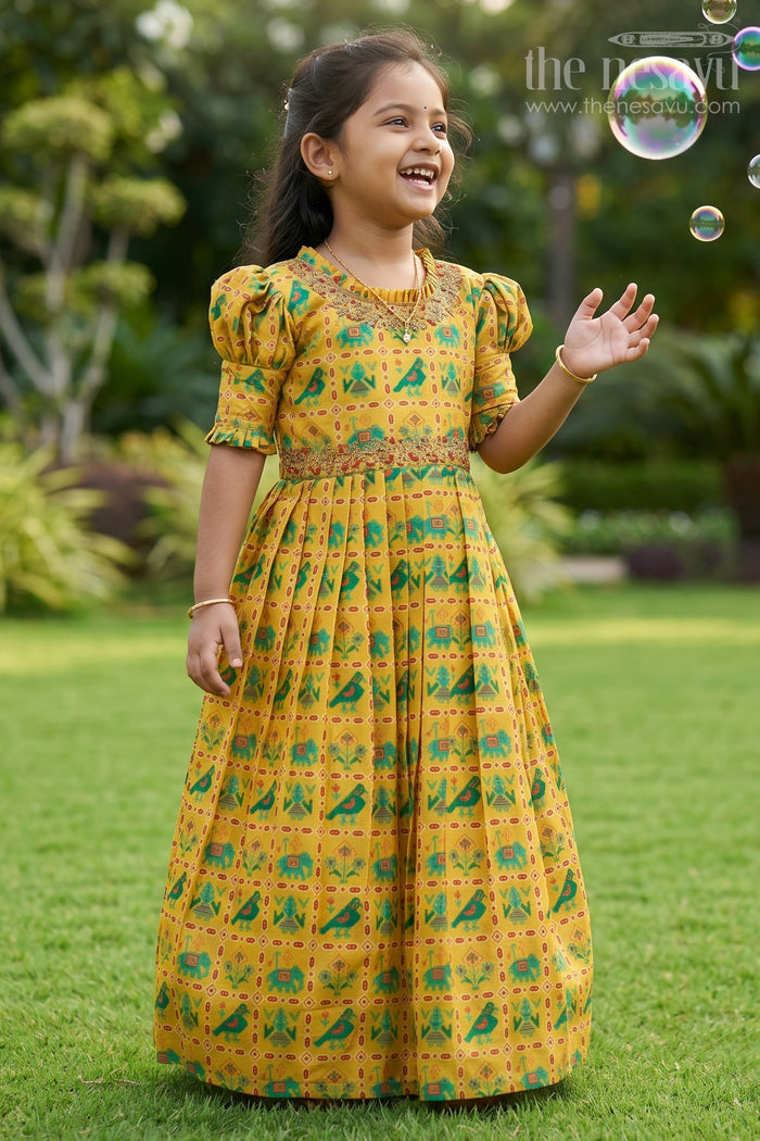 The Nesavu Girls Silk Gown Sunshine Yellow Girls Anarkali with Traditional Embroidery Nesavu 16 (1Y) / Yellow / Blend Silk GA222A-16 Buy Girls Sunshine Yellow Anarkali | The Nesavu