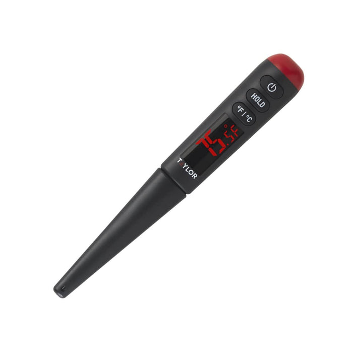 Tilted view of Superbright LED thermometer showing a red readout and red end cap