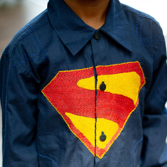 Superhero Chest Icon Embroidered Organic Cotton Shirt - Navy (1-14 Years)