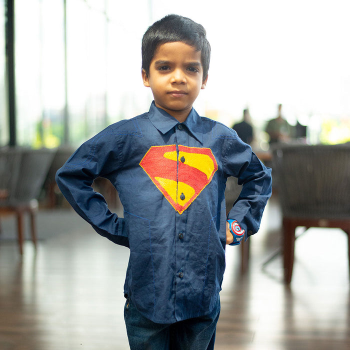 Superhero Chest Icon Embroidered Organic Cotton Shirt - Navy (1-14 Years)