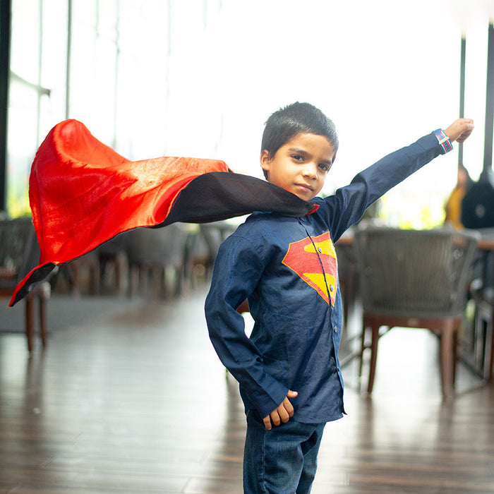 Superhero Chest Icon Embroidered Organic Cotton Shirt - Navy (1-14 Years)