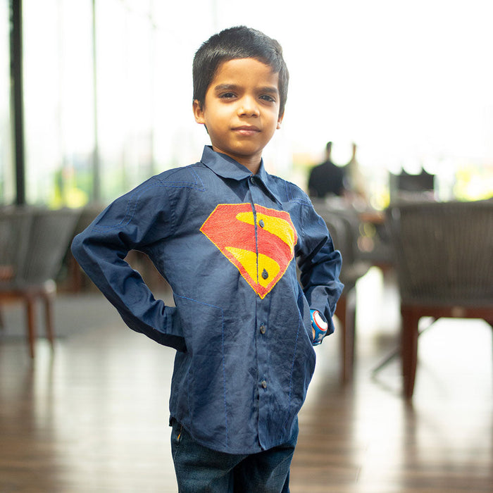 Superhero Chest Icon Embroidered Organic Cotton Shirt - Navy (1-14 Years)