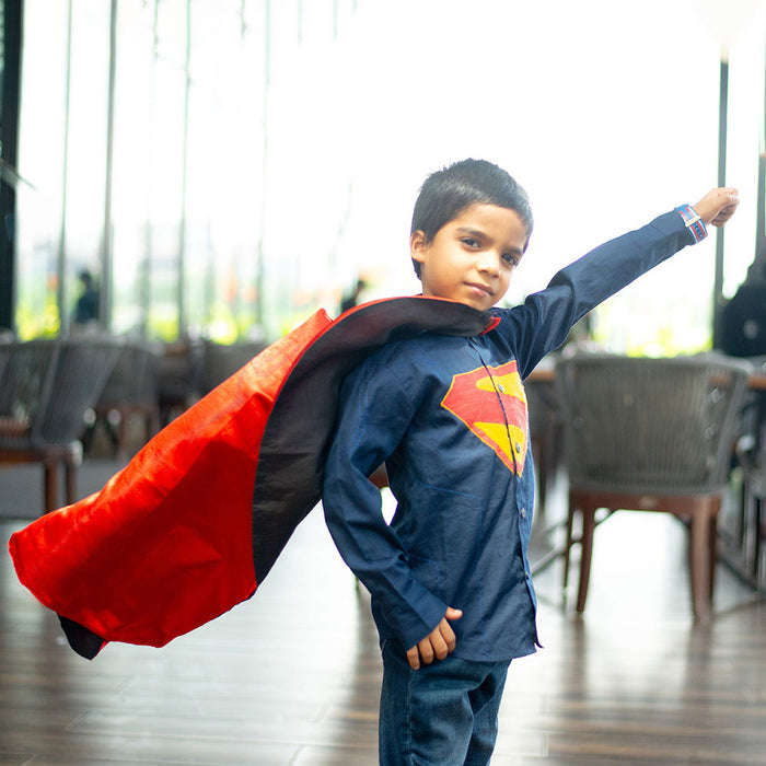 Superhero Chest Icon Embroidered Organic Cotton Shirt - Navy (1-14 Years)