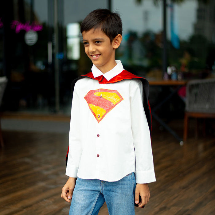Superhero Chest Icon Embroidered Organic Cotton Shirt - White (1-14 Years)