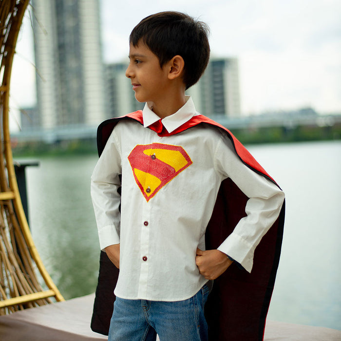 Superhero Chest Icon Embroidered Organic Cotton Shirt - White (1-14 Years)