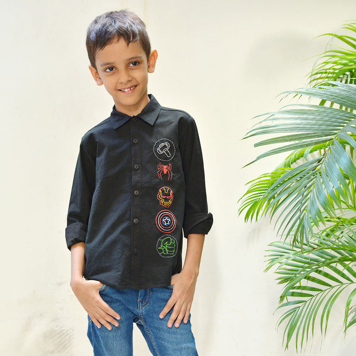 Superheroes Icons Embroidered Shirt - Black (1-14 Years)