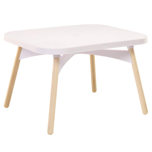 A modern low table with a white rectangular top and four light natural wood legs, shown on a solid white background.