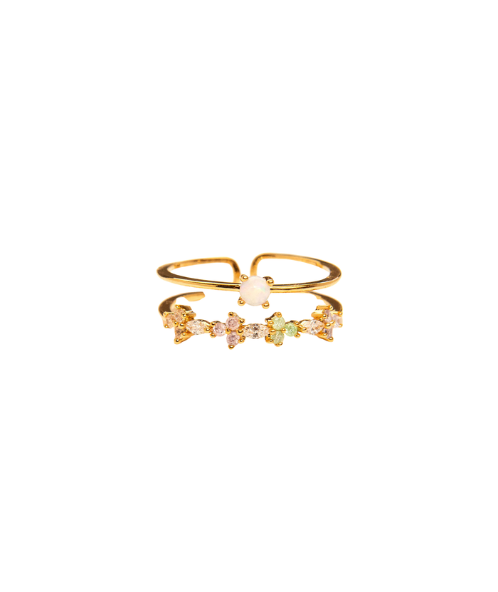 TAI Pastel Multi Flower and Pearl Adjustable Double Ring Jewelry - Trend TAI Gold